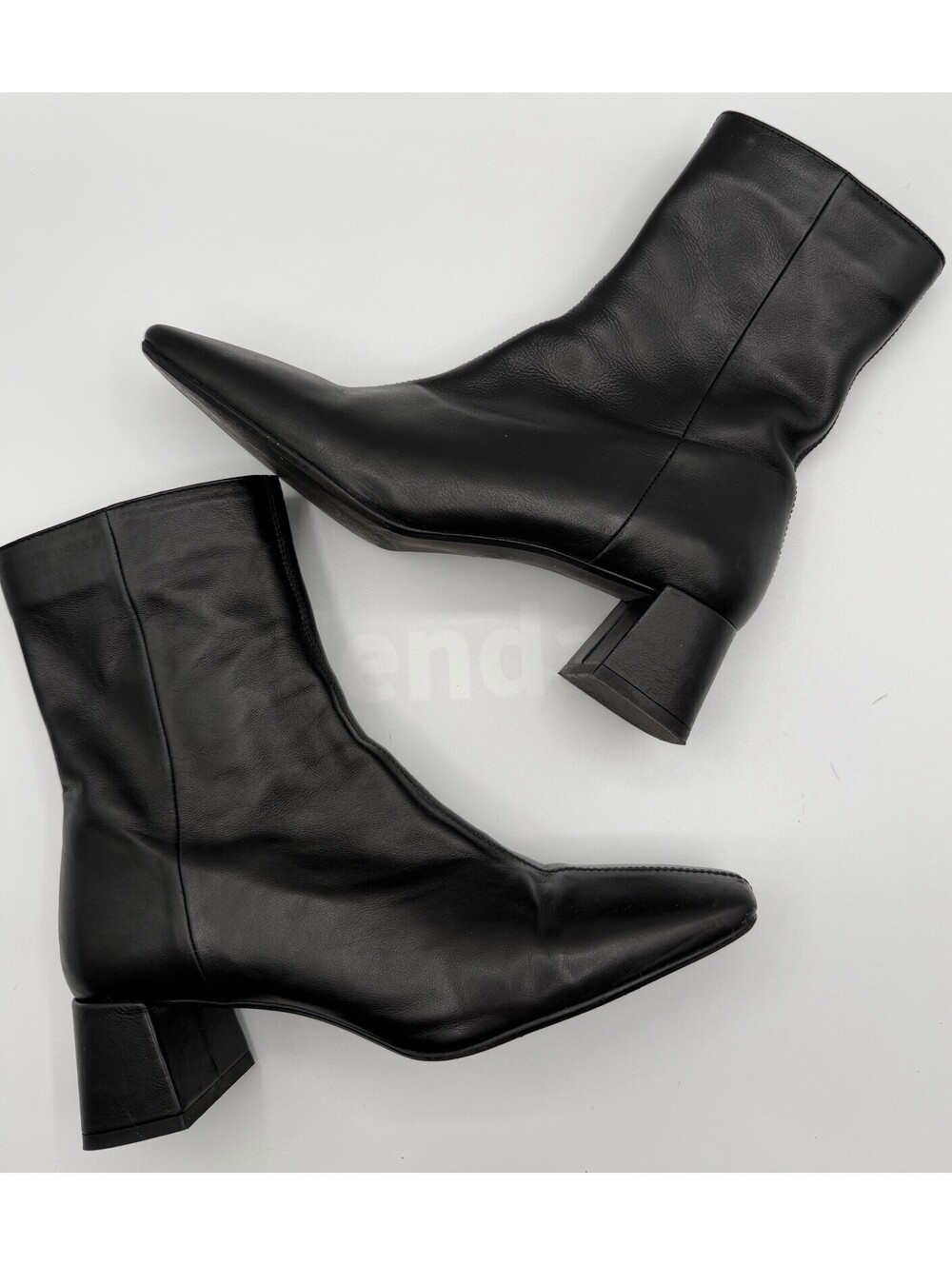 Zara Black Leather Block Leather Block Ankle Boot Square Toe Seam Booties 7.5